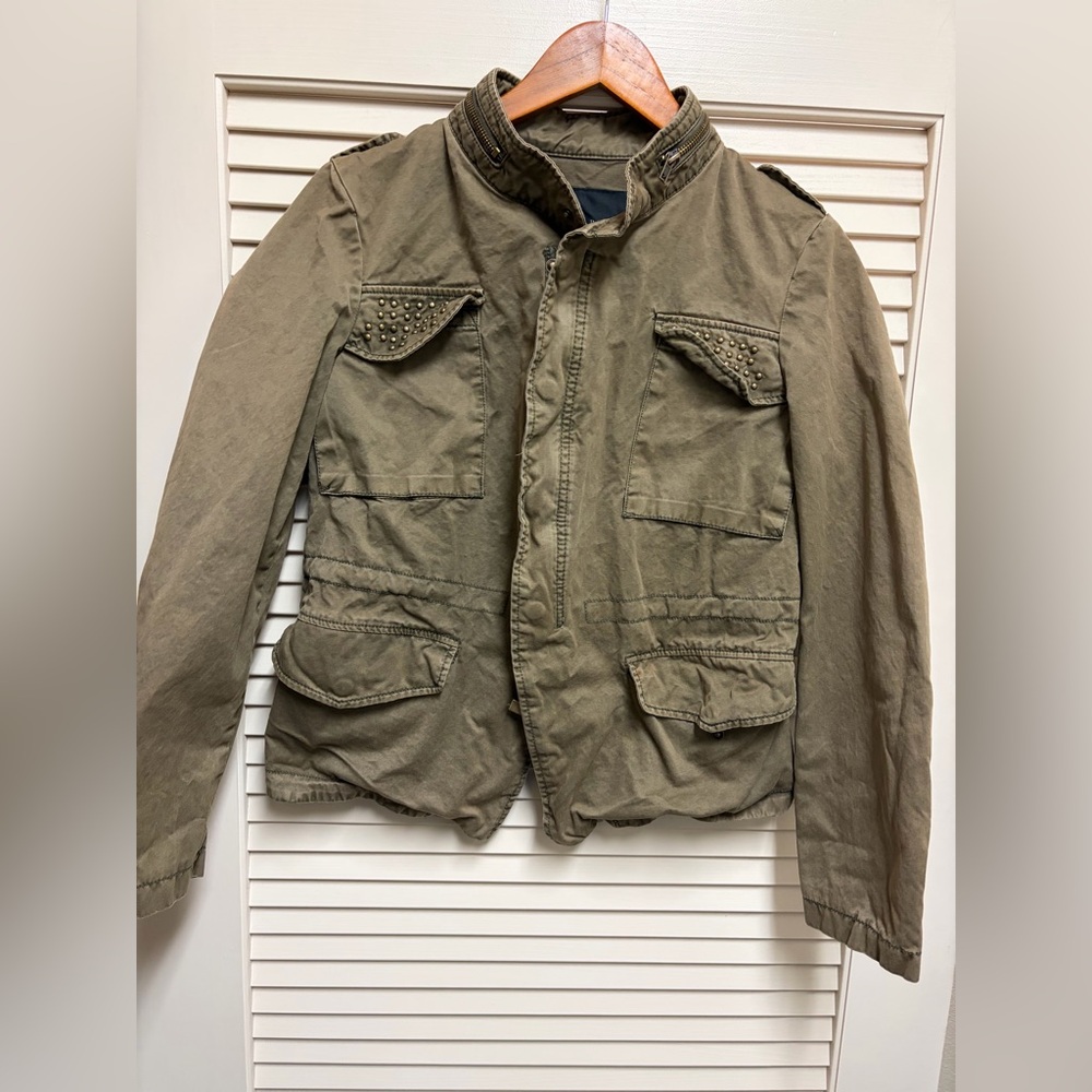 ZARA Basic Studded Jacket Womens L Green Full Zip Military Utility Streetwear